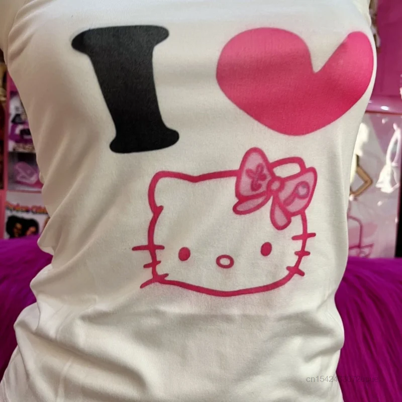 Sanrio-Camiseta con tirantes de Hello Kitty para mujer, chaleco bonito Y2k, camiseta sin mangas elástica suave, camisola blanca con estampado de dibujos animados