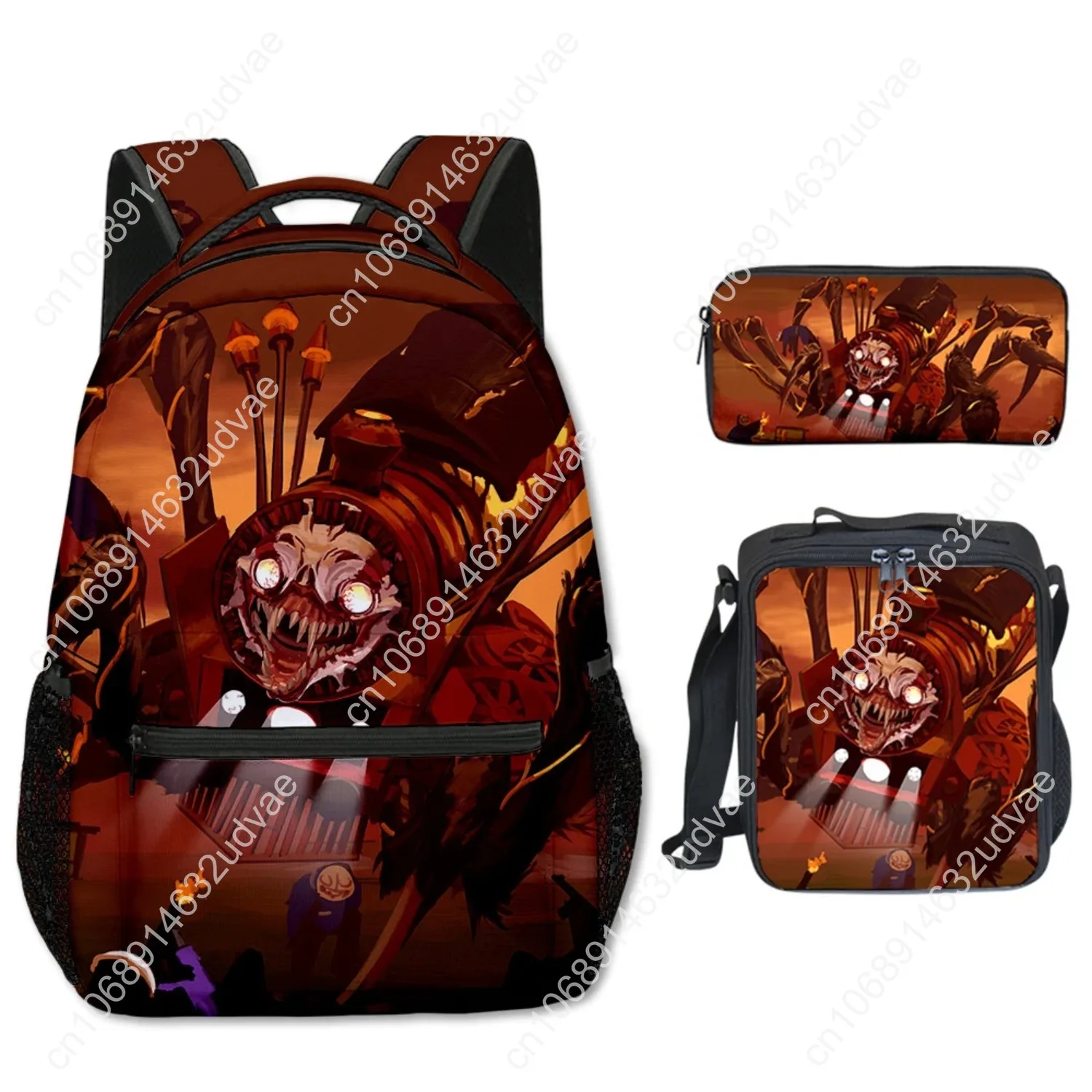 Trendy Popular Choo-Choo Charles 3D Print 3pcs/Set Student School Bags Travel Notebook Backpack Crossbody Lunch Bag Pencil Case