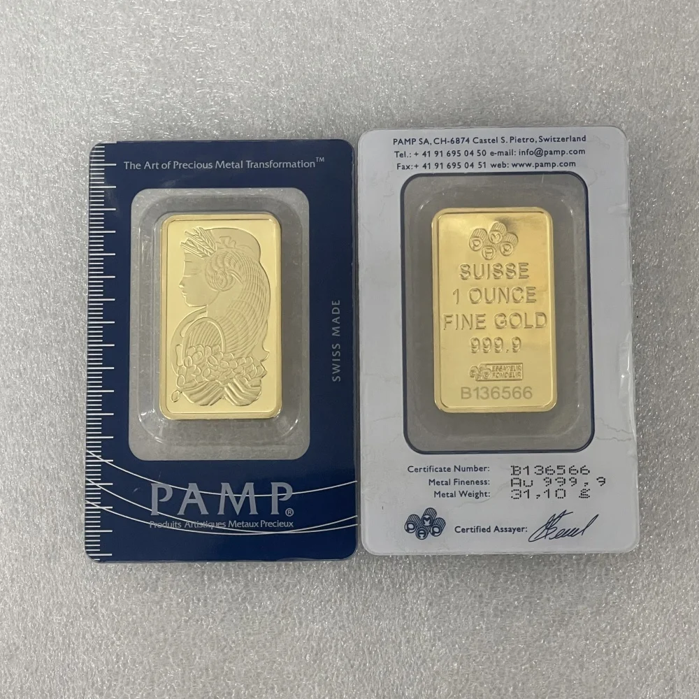 Pamb 1oz/2.5g-100g Sealed packing Golden Plated Copper Bar Bullion Ingot Non-magnetic Unique Serial number Craft for display