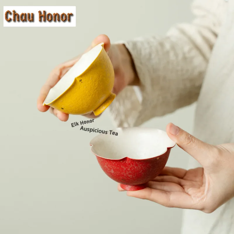 2pc/set Rock Mineral Hawthorn Red Sprinkle Gold Teacup Tea Bowl Jug Tea-tasting Meditation Cup Chazhan Master Cups Teaset 90ml