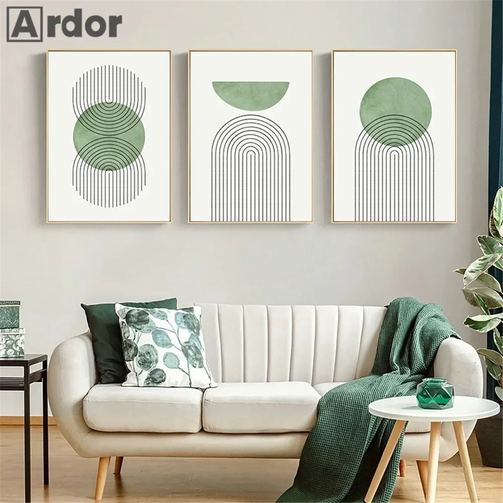 

Green Geometry Line Canvas Print Painting Abstract Minimalist Wall Art Poster Boho Prints Nordic Wall Pictures Living Room Decor