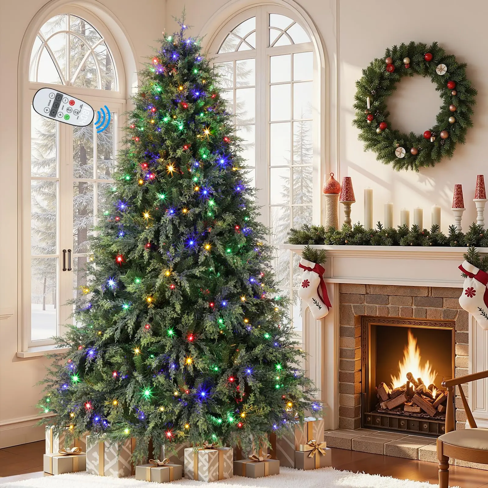 7ft Prelit Artificial Cypress Christmas Tree, Dual Color Lights