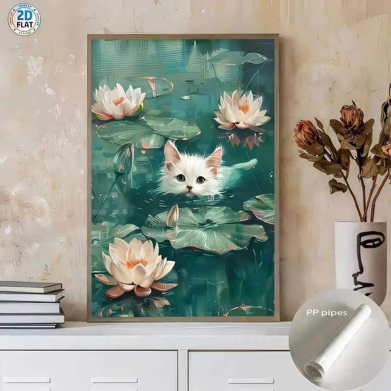 Adorable White Kitten & Water Lilies Teal Metal Wall Art - Tin Painting, Iron Material, Artistic Design, Perfect for Home/Bedroo