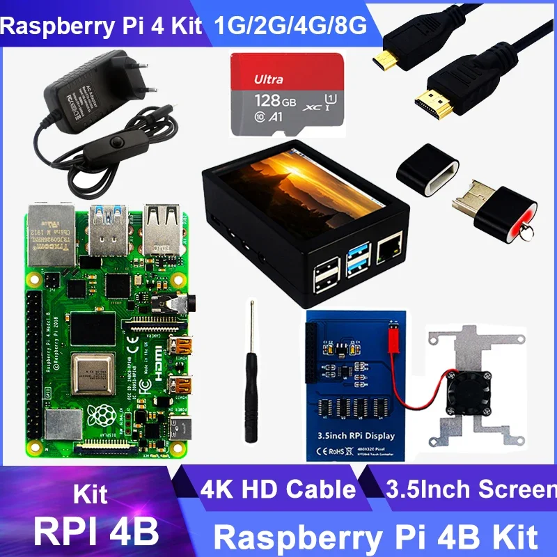 Kit Raspberry Pi 4 modèle B, 2 Go, 4 Go, 8 Go de RAM, boîtier de carte, ventilateur de refroidissement, 4K HD, câble vidéo, alimentation