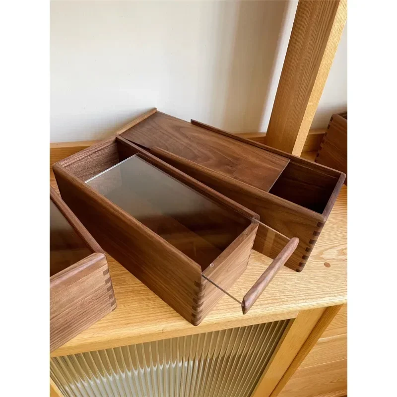 Push-pull storage box with lid Pure solid wood North American black walnut log wooden box Storage Figure Acrylic cover