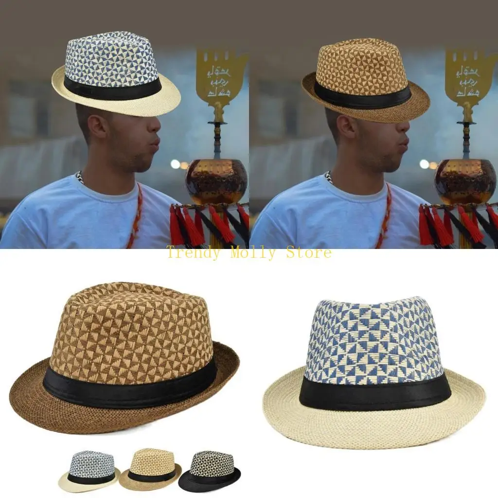 

N5KB Соломенная пляжная шляпа Соломенная шляпа Федора Соломенная панама в британском стиле с тропическим принтом