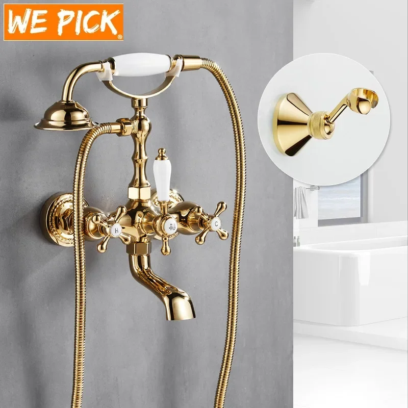 WEPICK-Antique Brushed Brass Bath Faucets, parede montada bacia do banheiro, torneira misturadora, guindaste com chuveiro de mão