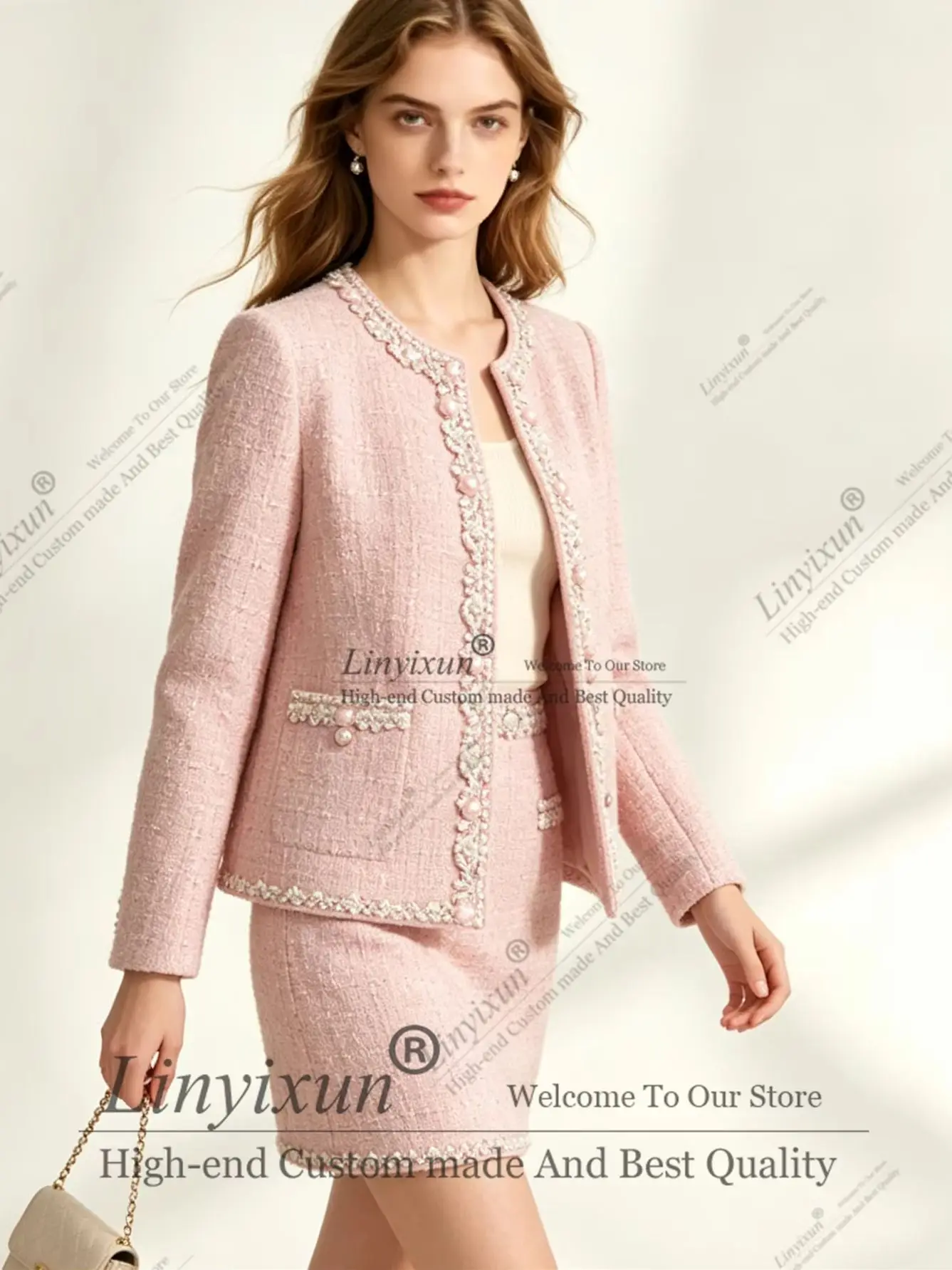Sweet Pearl Checkered Tweed Women's Suit Set 2 Piece Short skirt Single Breasted Casual Business Office Outfit Customized view 5