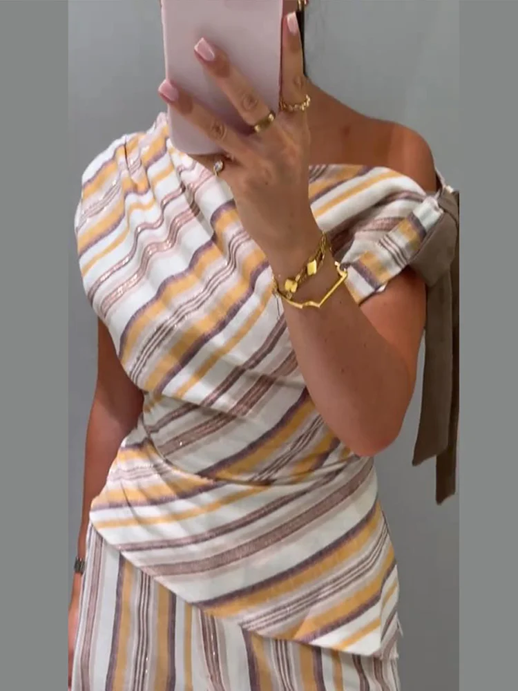 Leinen-Set mit gestreiftem, tailliertem Oberteil und Hose für Damen, sexy One-Shoulder-Oberteil mit Schnürung, plissiert, schmal geschnitten, weit geschnittene Hose, schickes Damen-Outfit – Detail 15