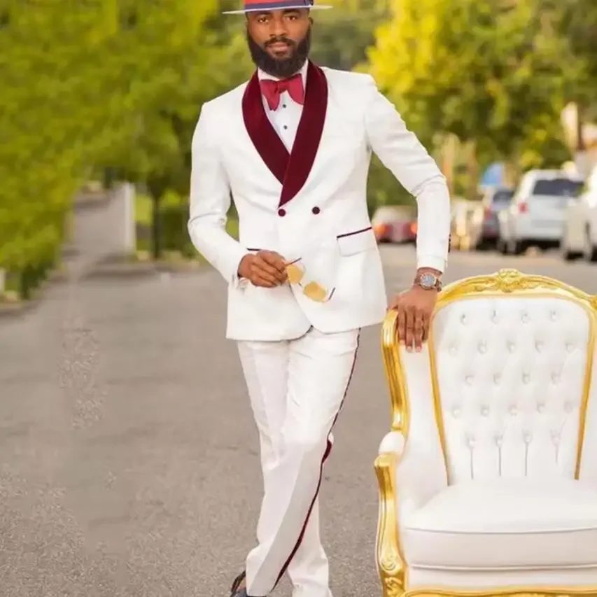 

White Luxury Men's Suits Double Breasted 2 Pieces Jacket Pants Blazers Sets Burgundy Shawl Lapel Banquet Business Male Clothing