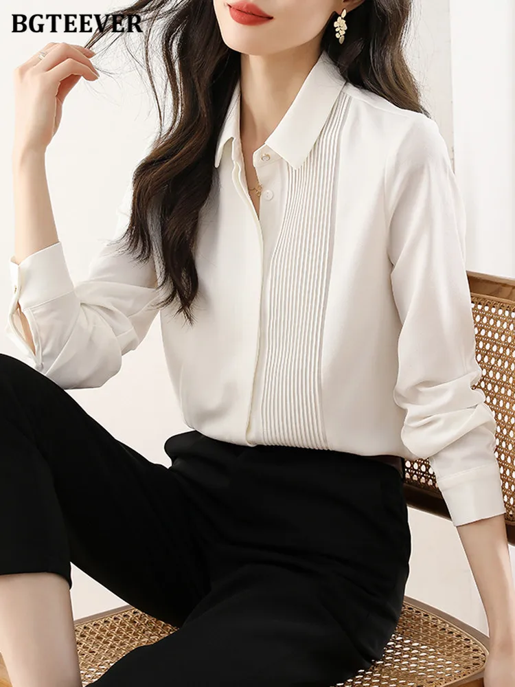 BGTEEVER Elegant Lapel Single-breasted Solid Shirts Women Long Sleeve Loose Pleated Female Blouses Spring Ladies Tops