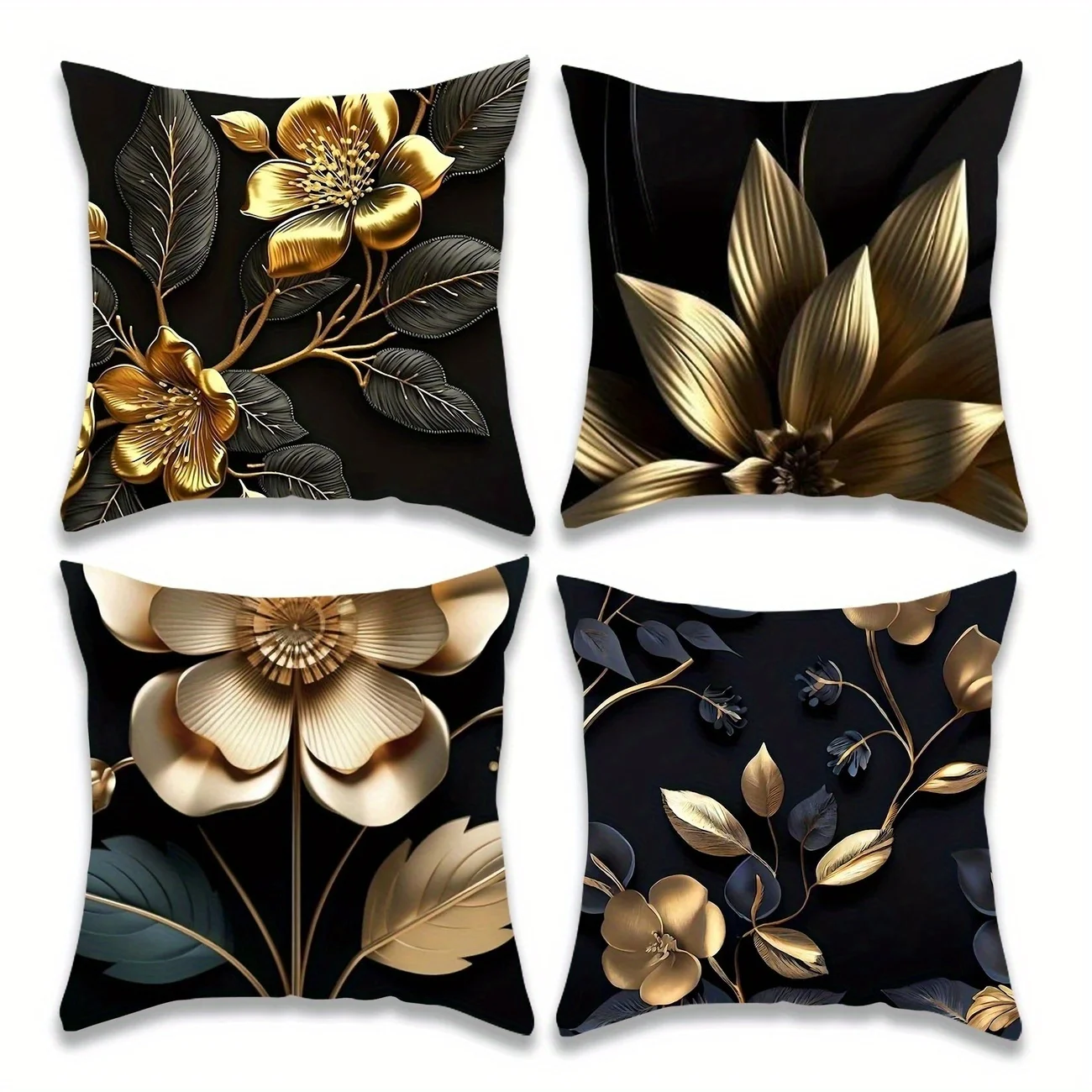 Juego  4 Fundas  Almohada Mornas  Terciopelo Floral, Varios Tamaños, Estampado en y Dorado por una Cara, Fundas  Cojín