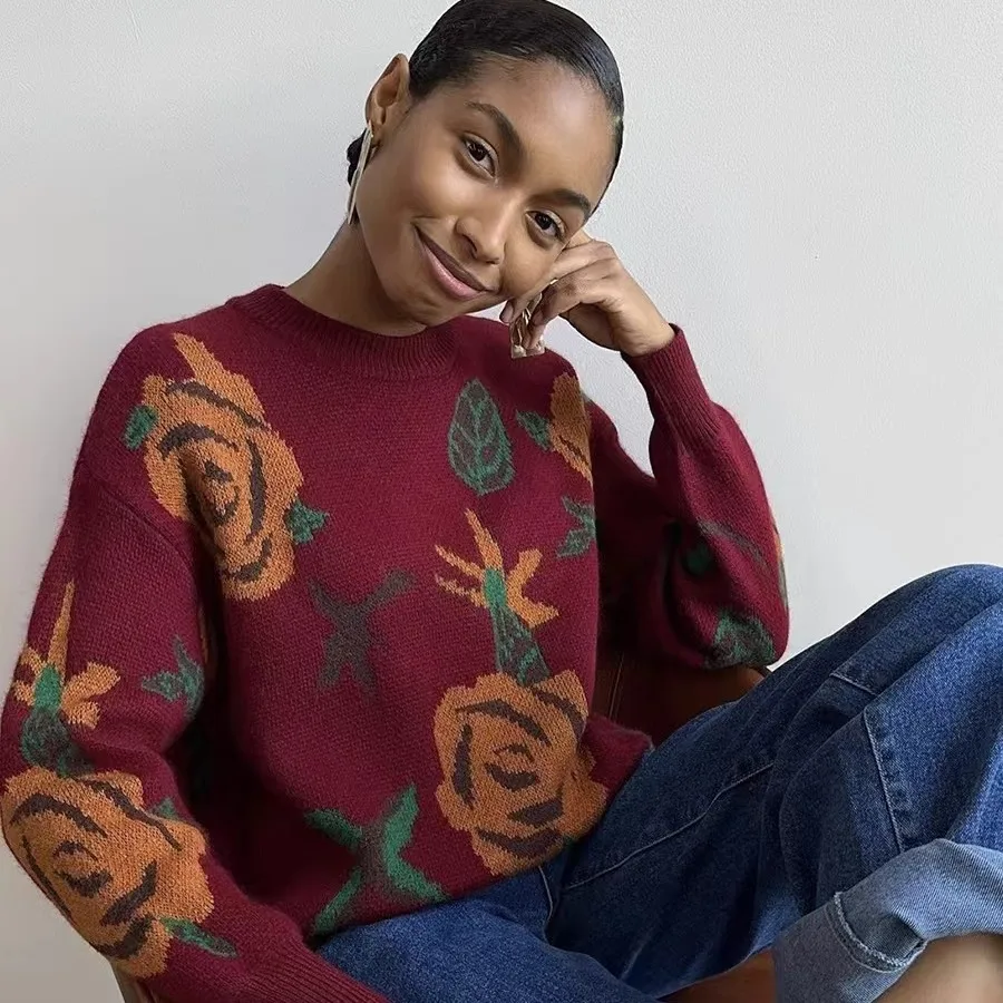 

Loose Knitted round Ne Sweater Autumn Winter New Sle Floral Pattern Commute Friendly Long Sve Casual Women's Knitwear