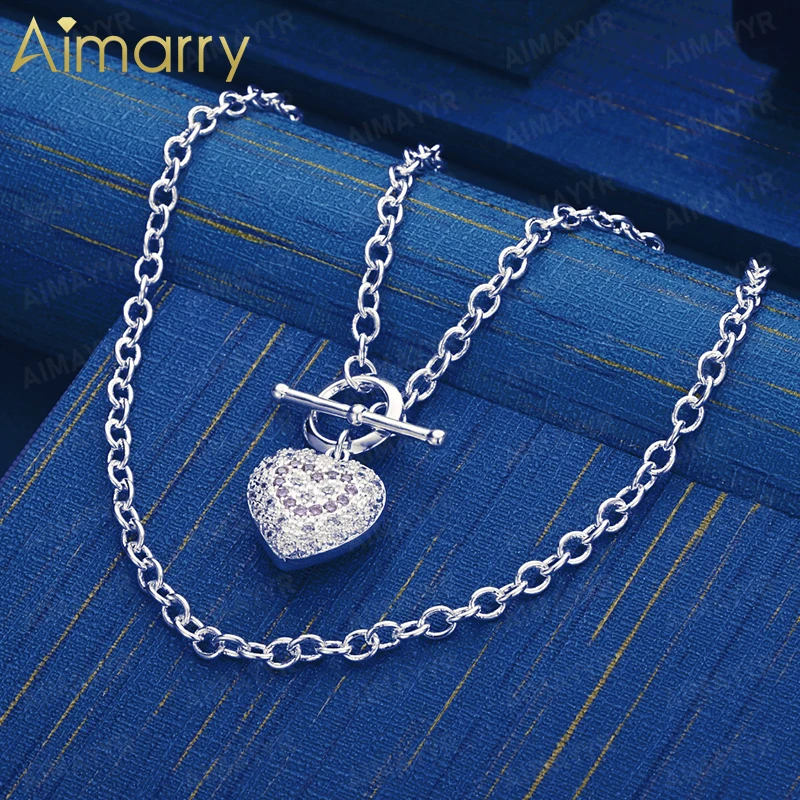 925 Sterling Silver Romantic Heart Set AAA Zircon Necklace 18 Inches Women's Party Banquet Engagement Wedding Fashion Jewelry