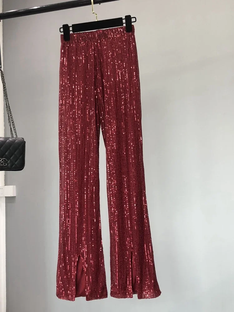 2024 New Autumn and Winter Women\'s Fashionable Shiny White Trousers, Versatile Slimming High Waist Sequined Flared Trousers
