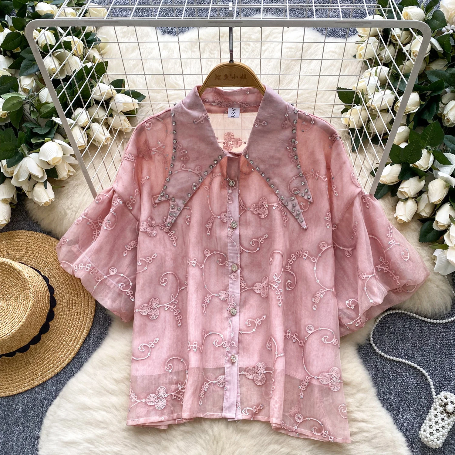 

Vintage Elegant short sleeve jacquard loose Blouse Fashion Shirt Casual Chic Top Fairy Summer Women Shirt