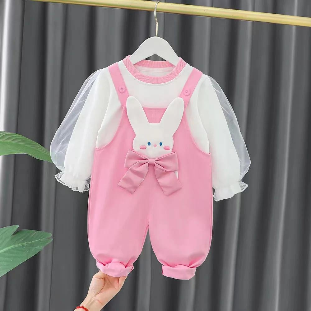 2024 New Fashion Kids Girl Clothing Sets Autumn Baby Girl Clothes Suits Cotton Children\'s Shirt+Straps Toddler pants Rabbit