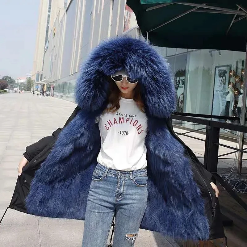 2022 New Winter Detachable Imitation Fox Raccoon Fur Liner Parkas Women's Large Size Long Hooded Thick Warm Faux Fur Coat Women