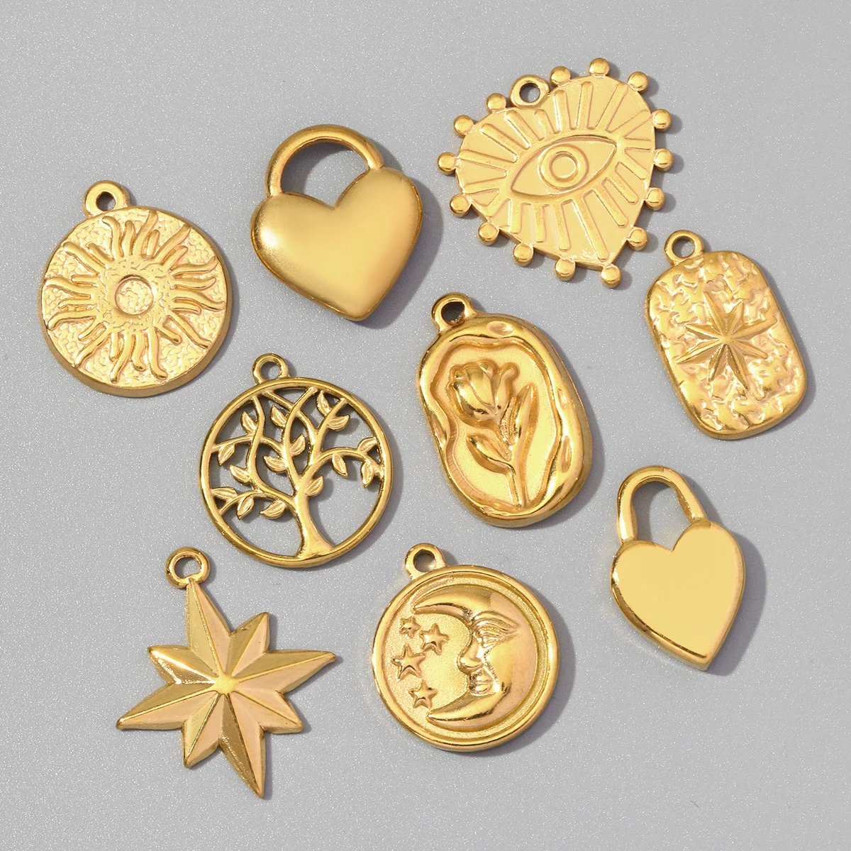 5 Stück/Set Edelstahl Herz Böser Blick Kreuz DIY Anhänger Lebensbaum Blatt Halskette Anhänger Damen Yoga Figur Schmuck Großhandel