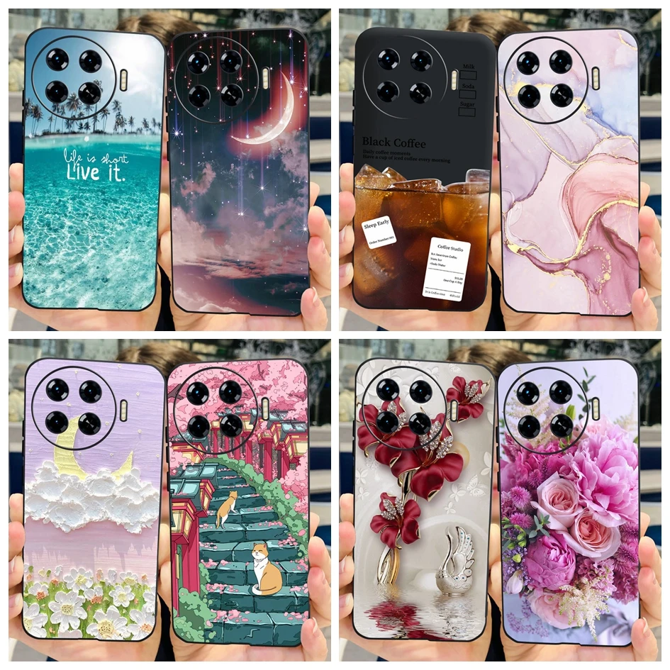 For Tecno Spark 20 Pro Plus Case 2024 New Stylish Marble Flower Black Silicone Phone Case For Tecno Spark 20 Pro+ Capa KJ7 Cover