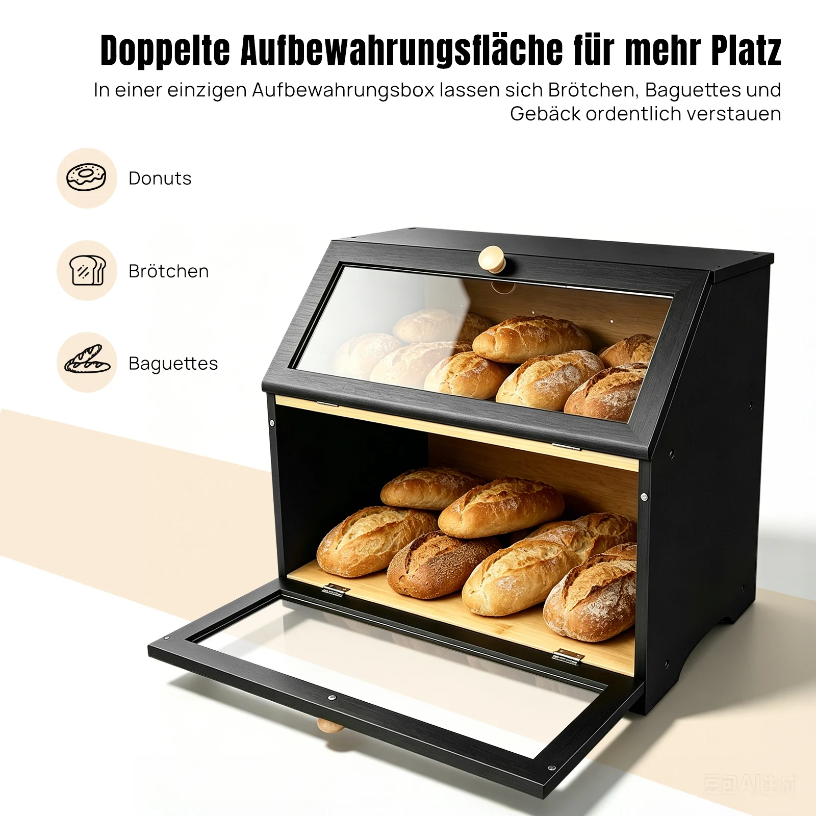 2-stöckige große Brotbox, Brotbehälter für die Küche, schwarze Brotbox mit transparenter Sichtfenster-Tür, Brotaufbewahrung mit Holzgriff, Küchenbehälter für Brot, Salz und Pfeffermühle, 39x25x32cm /