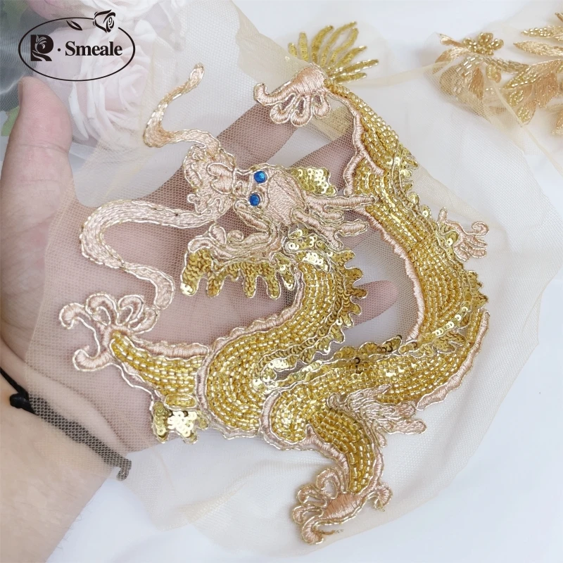 Goldener chinesischer Drachen patch, Hand gefertigte Rohr perle, Pailletten-Spitzen gewebe, RS4248, 38 * 19C, 2 Stück, 1 Paar – Detail 2