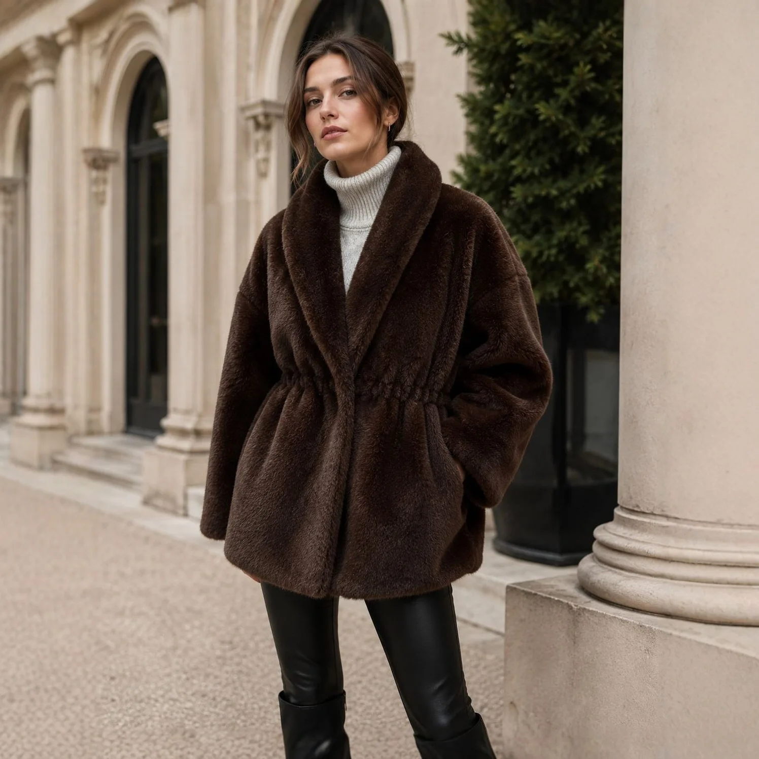 Women Faux Mink Fur Coats Solid Fur Jackets Cotton Linen Turn Down Collar Long Sleeves Single Breasted Cinched Waist 2026 Winter
