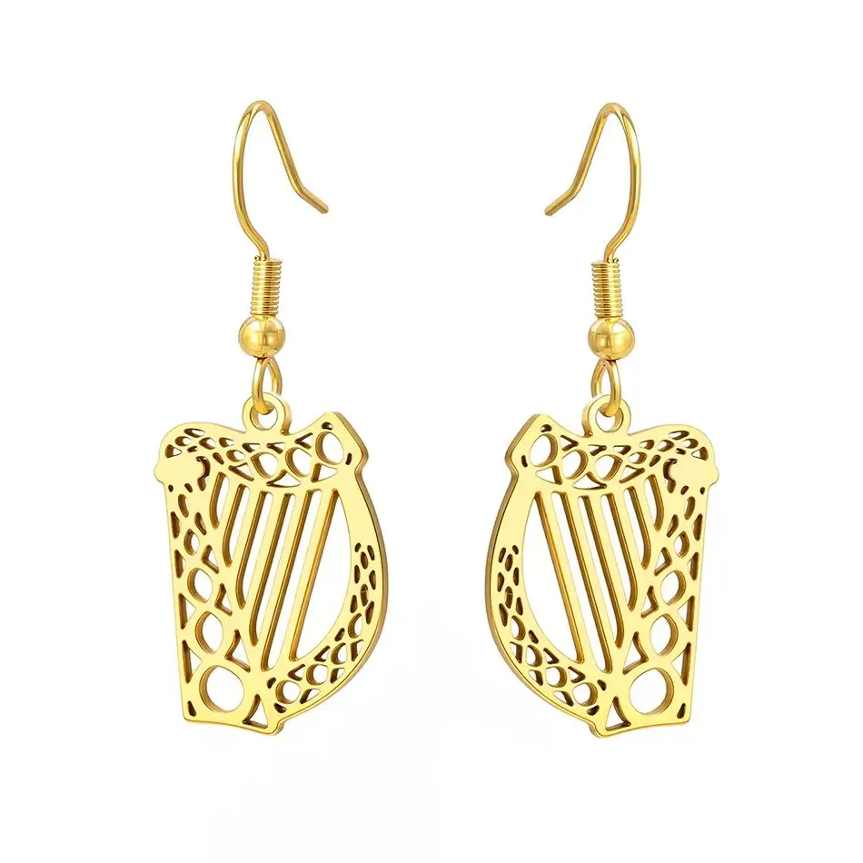 Irish Harp Pendant Women Earrings Celtics Knot Hollow Dangle Earrings St Patricks Day Gift  Stainless Steel Vintage Jewelry