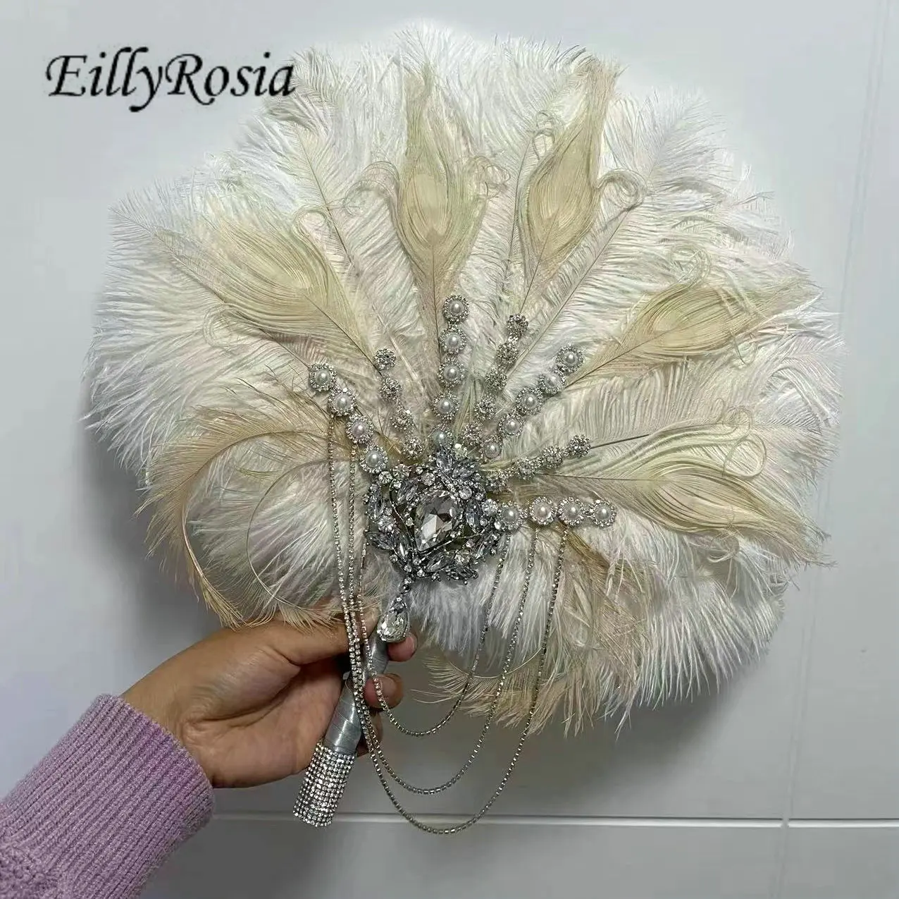 Original Design Bridal Feather Fan Rhinestones Tassel Vintage Peacock Ostrich Feather Fan for Women The Gastby 1920's Party