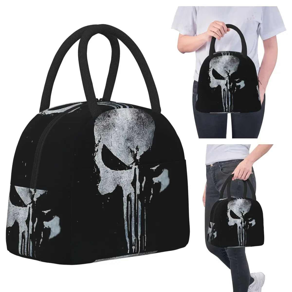 

Heavy Metal Skeleton Skull Punishers Lunch Bags Insulated Bento Box Portable Lunch Tote Leakproof Picnic Bags Cooler Bag