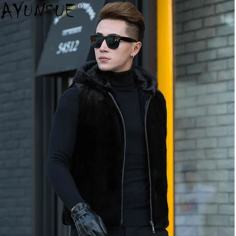 AYUNSUE Natural Mink Fur Jackets for Men 2023 Autumn Winter Hooded Mens Fur Jacket Coat Slim Sleeveless Black Fur Vest Zipper