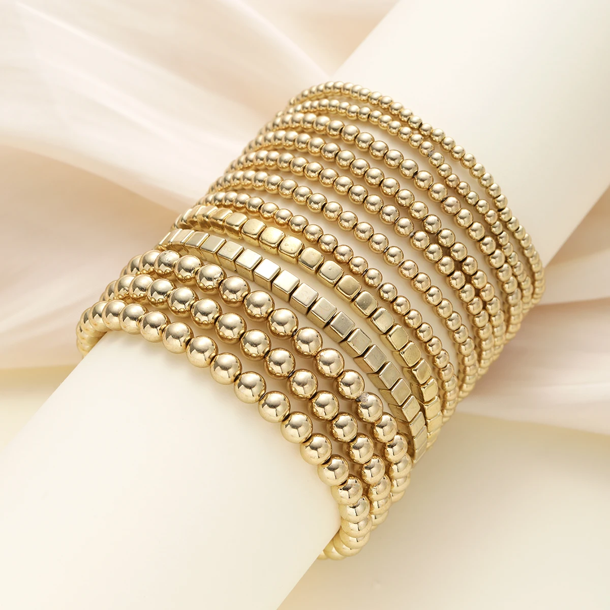 12pcs/set Vintage Punk Handmade Block Ball Beaded Bracelets for Women Gold Color Stretchy Bracelets Simple Fashion Party Jewelry