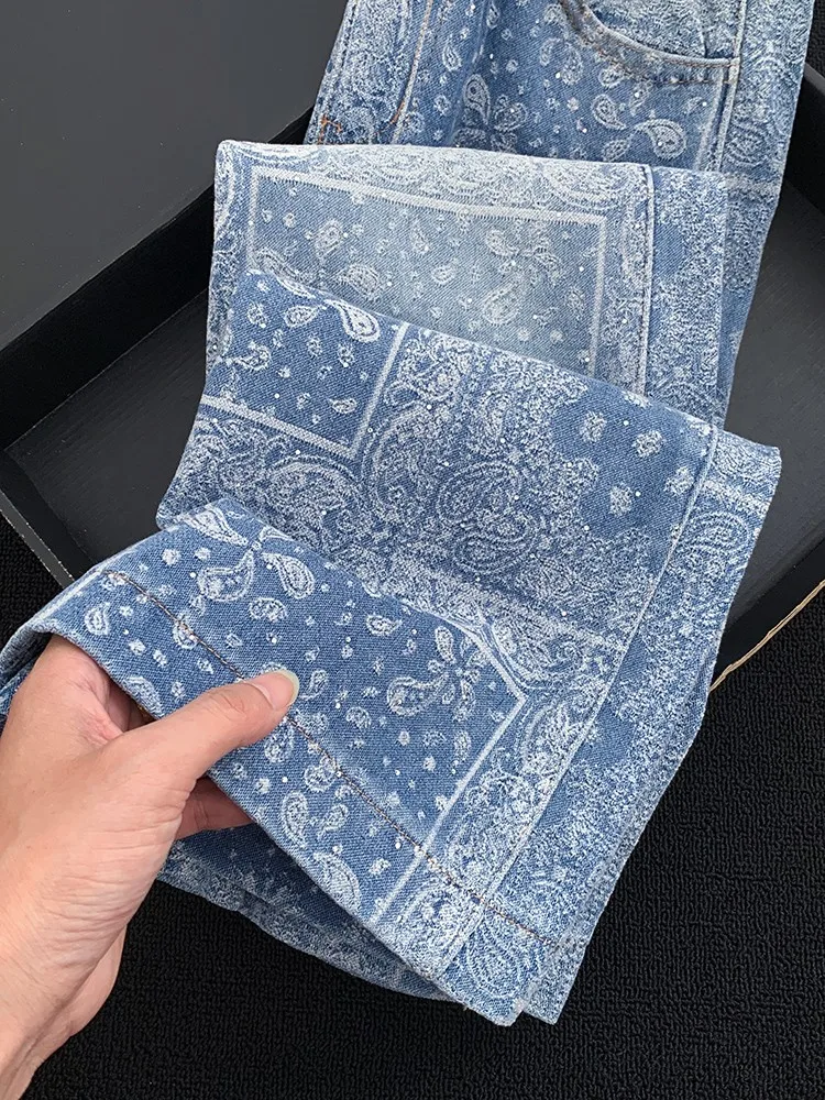 خمر المرأة تنوعا عالية الخصر الأزرق المطبوعة واسعة الساق الدنيم السراويل مكتب السيدات عادية شارع العليا فضفاضة تناسب مستقيم الجينز