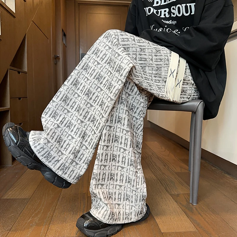 

Fashion Printed Corduroy Wide Leg Pants for Man Autumn Winter Y2K Trend Streetwear Baggy Trousers Chic Drawstring Straight Pants