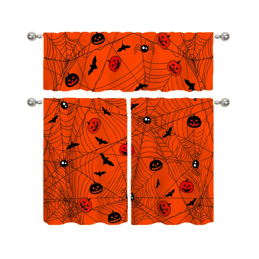 Orange Spider Web Halloween Kitchen Curtains with Pumpkin Bat Spider, Minimalist Spooky Scary Style for Halloween Home