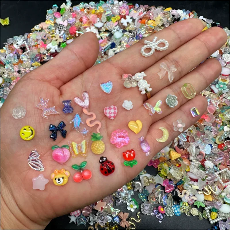 50pcs Mixed 3D Resin Nail Charms Kawaii Accessories 3D Colorful Flower Bow Tie Heart Manicure Jewelry Nail Art Decorations Parts