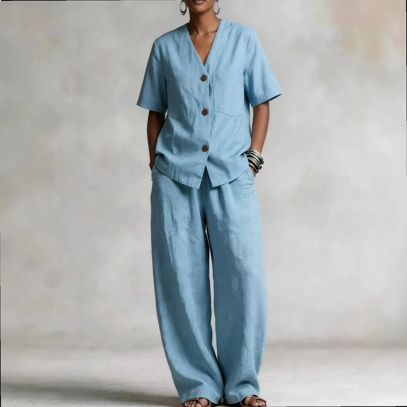 Japanese Retro Collarless Short Sleeve Top Loose Wide Leg Pants Matching Set Women Summer Casual Two Piece Outfit