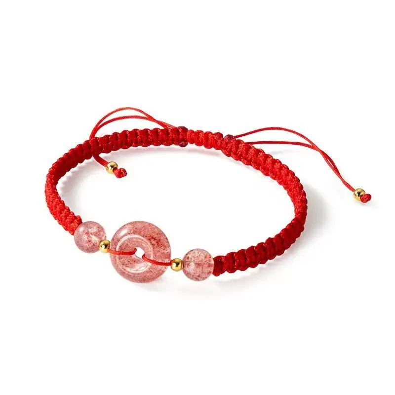 Vintage Chinese Style Strawberry Crystal Safety Buckle Bracelet for Women Handmade Lucky Red Rope Fashion Jewelry Girls Gifts