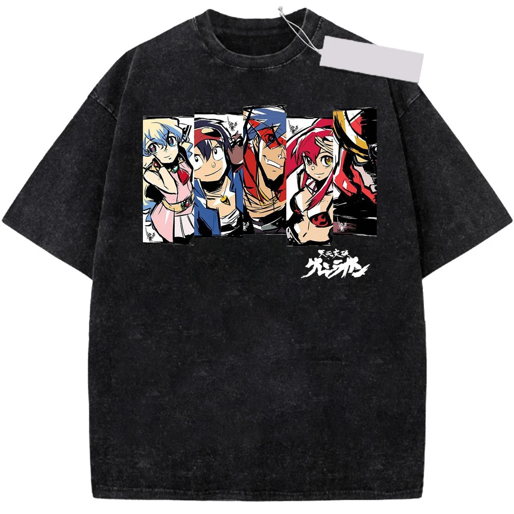 Tengen Toppa Gurren Lagann Anime T-shirt Vintage Washed Y2K Aesthetic Unisex Oversized Sleeve Summer Cotton Retro Streetwear