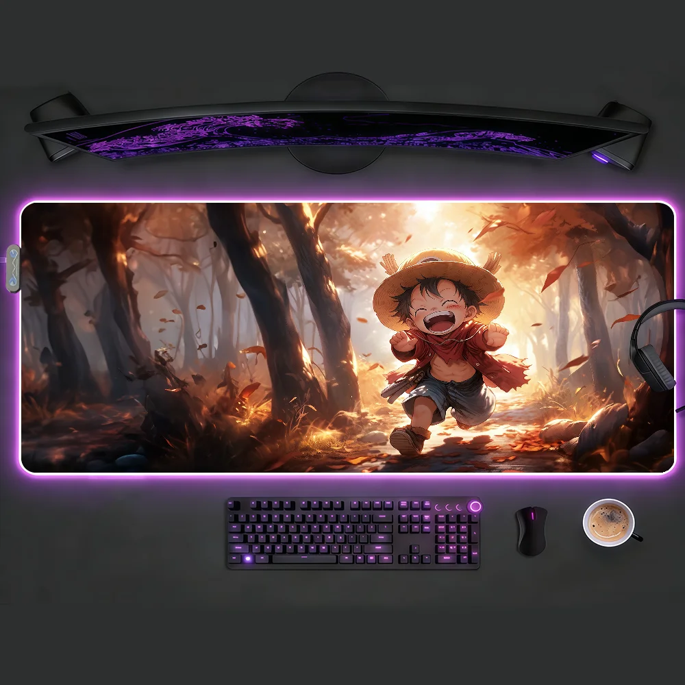 

Anime O-One Piece-E Luffy Mouse Pad LED Table Pads Backlit Non-slip Rubber Desktop XXL RGB Desk Mats Surface Waterproof