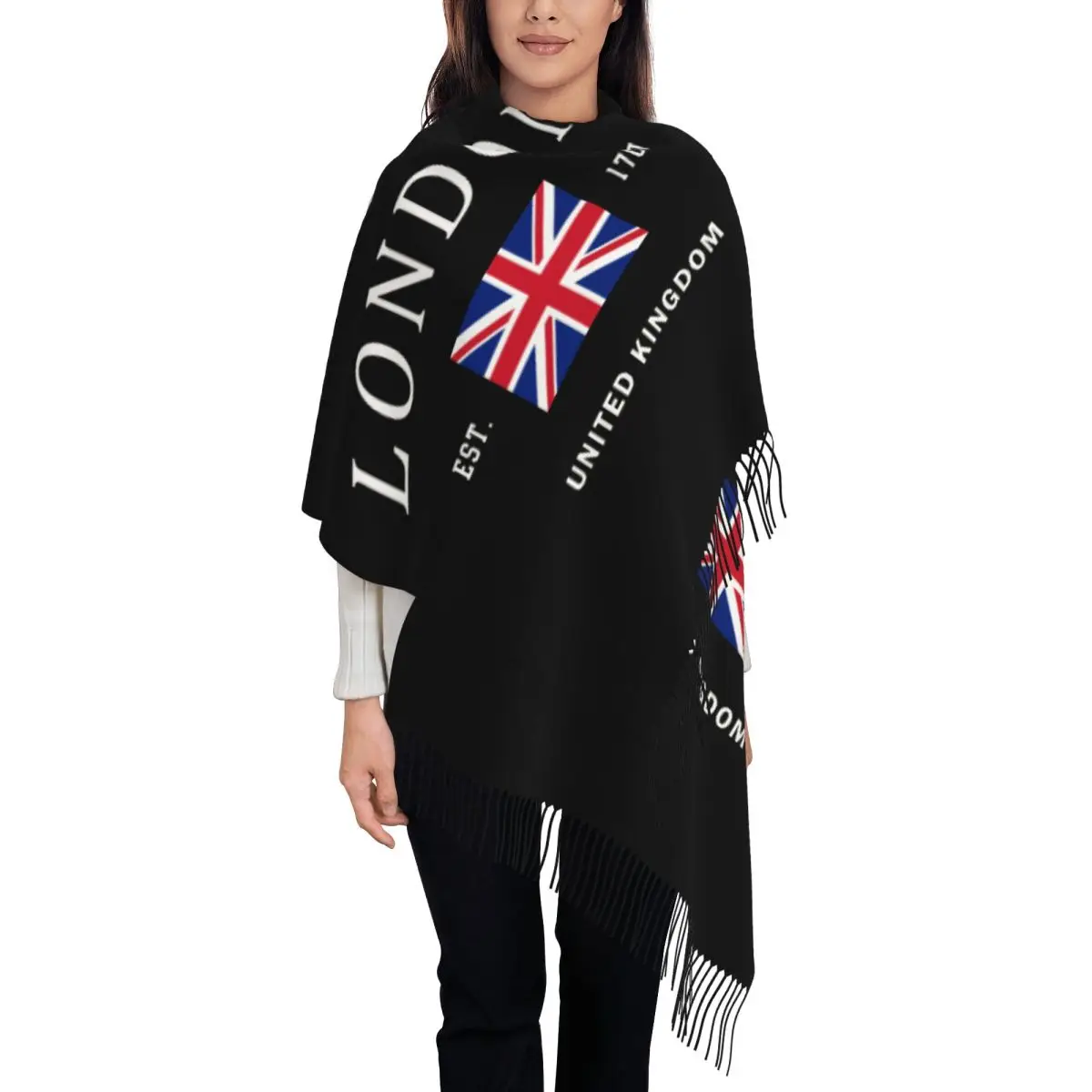 

Женский шарф с кисточками и британским флагом на заказ, зимне-осенние теплые шали, женские патриотические шарфы для гордости Великобритании