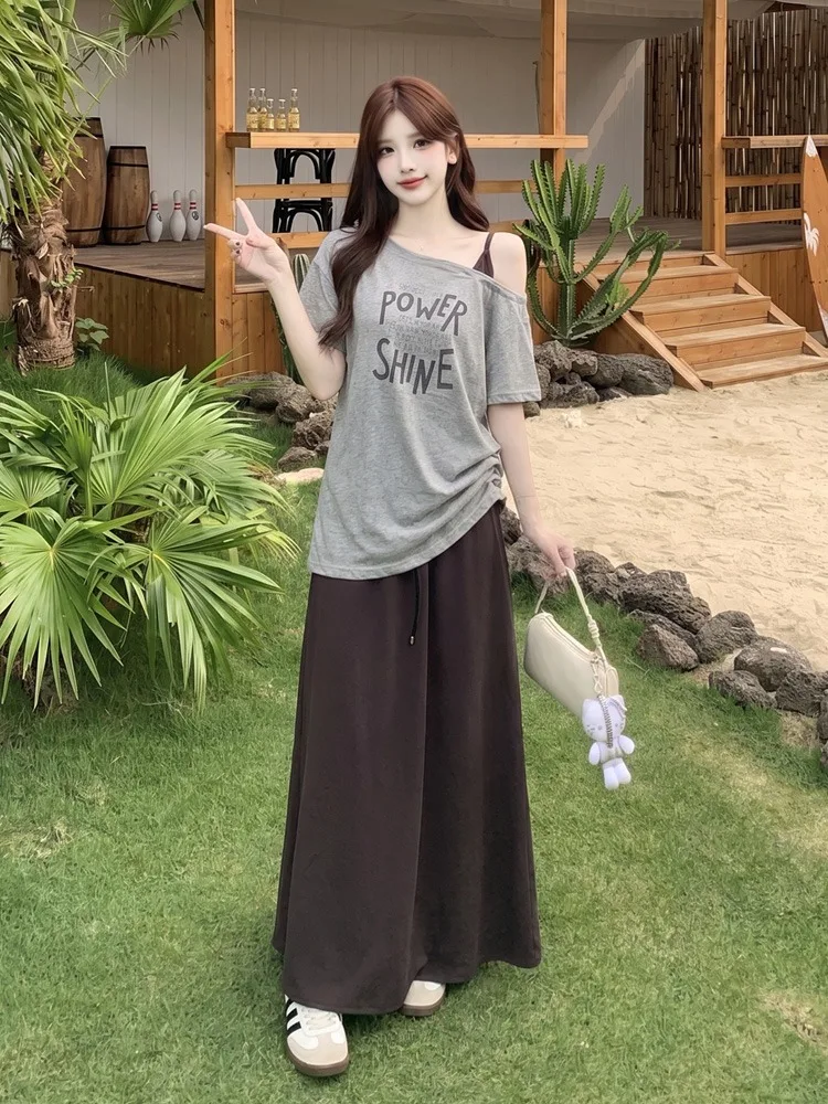 

Loose Fit Short Sleeve T-Shirt And Skirt Set Women's Summer Casual Style Half Body Skirt Two Piece Set Korean Lazy Style