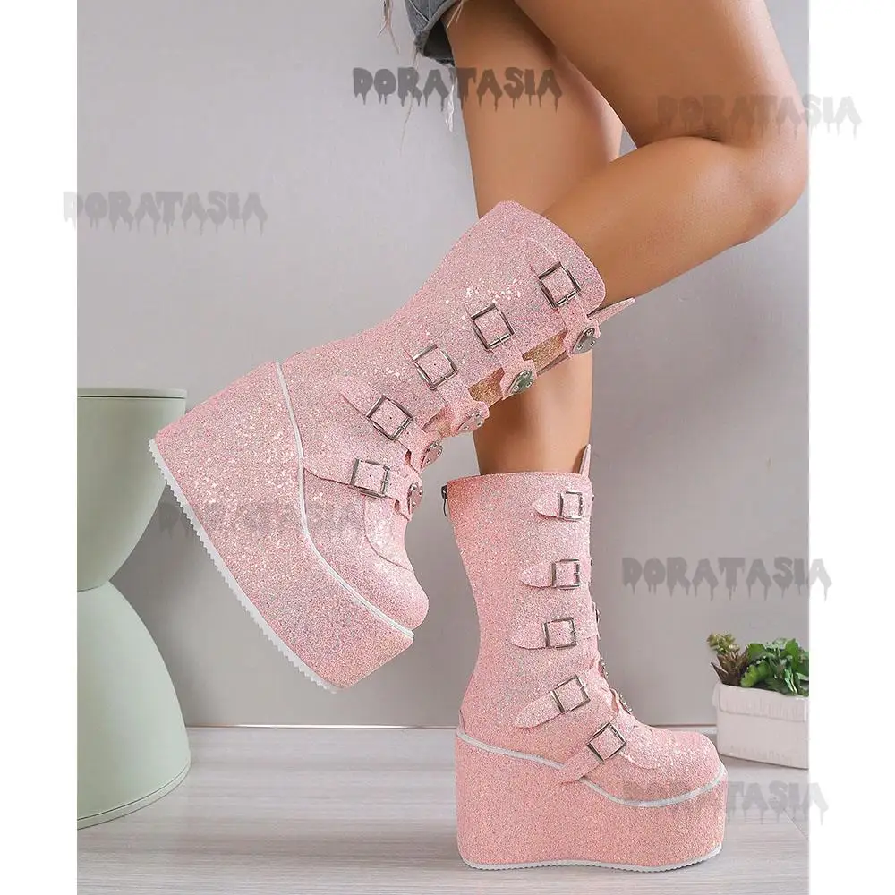 Platform Women Motorcycle Boots Metallic Bling High Wedges Heeled Heart Buckle Mid Calf Shoes Punk Goth Cosplay Holloween Boots