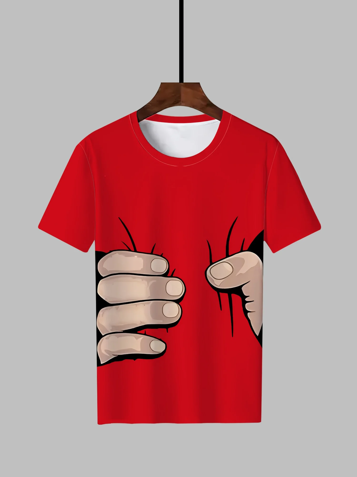 Lustiges 3D-T-Shirt für Herren mit Handgreif-Bauch-Print, Rot, Neuheit, Humor, Hip-Hop, Rundhalsausschnitt, Kurzarm-Oberteil – Detail 2