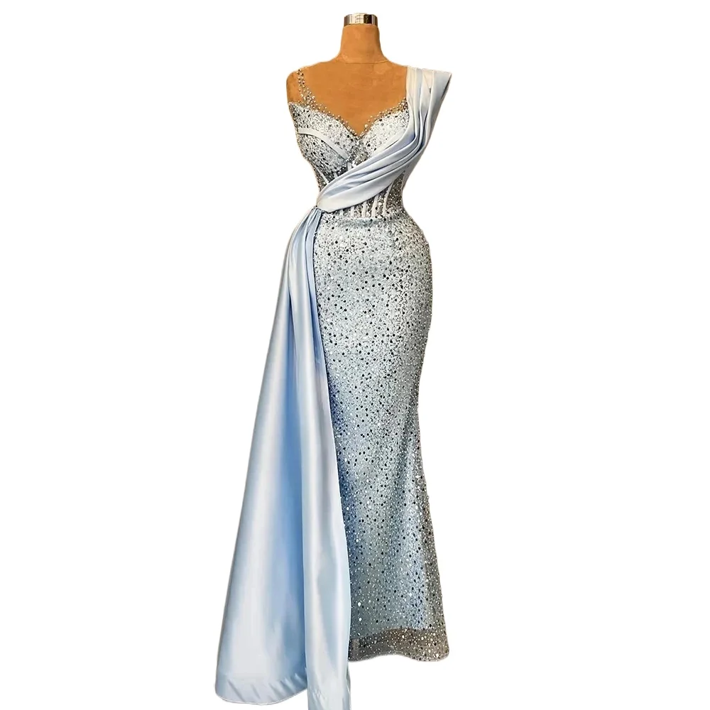 Dubai Luxury Sweetheart Neck Blue Evening Dress Formal Sparkly Sequin Mermaid Women Long Gown