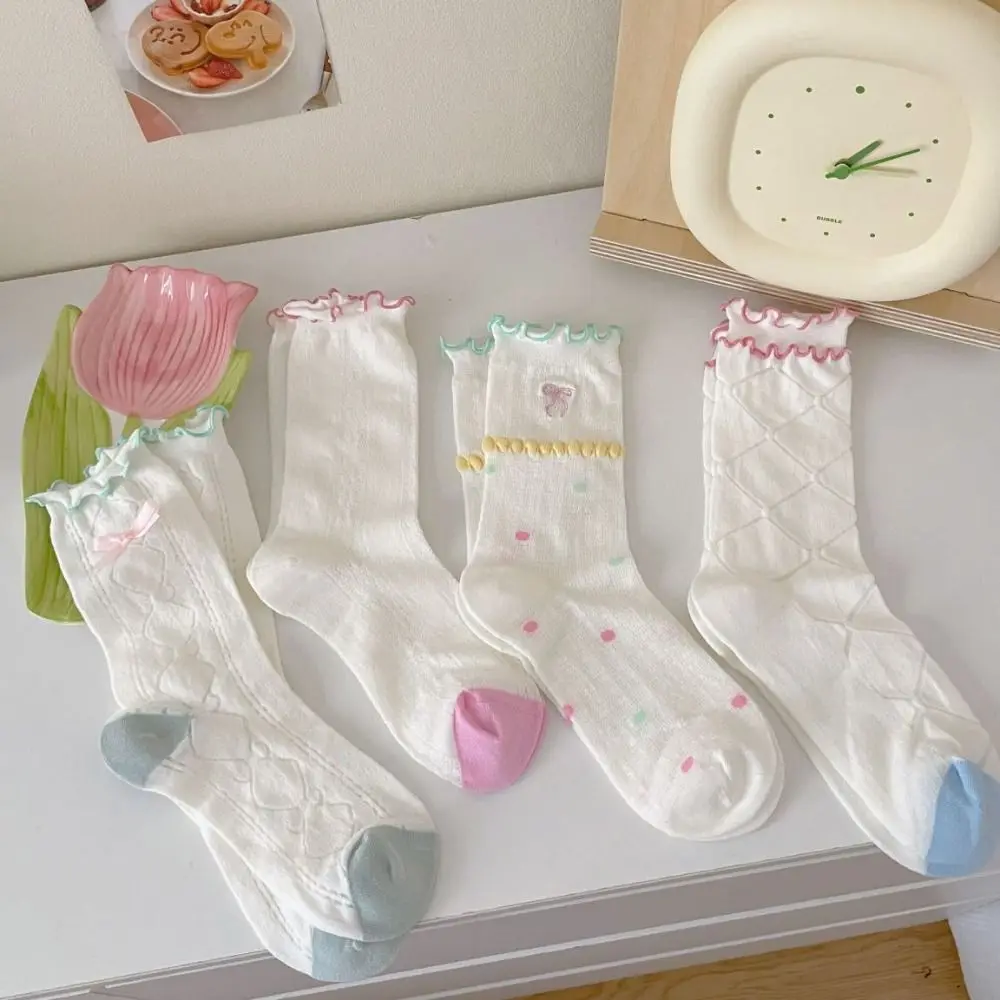 

Fashion Stripe Mesh Tube Socks Thin Mid-calf Ruffle Short Socks Hollow Out Korean Style Women Bow Socks Summer