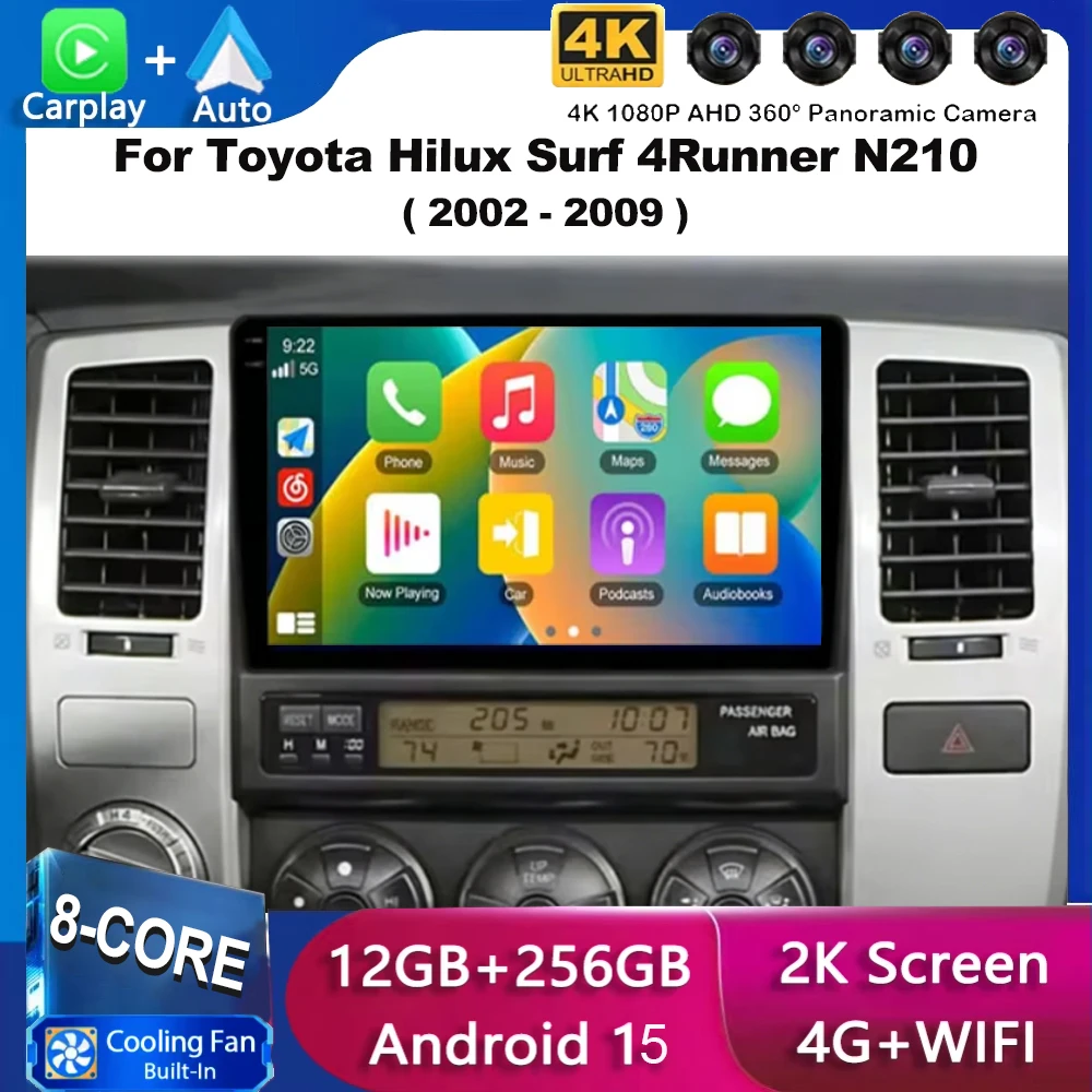 Radio Multimedia con Pantalla Android 15 QLED 2K, 4G WIFI, GPS, Navegación, CarPlay y JBL para Toyota Hilux Surf 4Runner N210 2002-2009