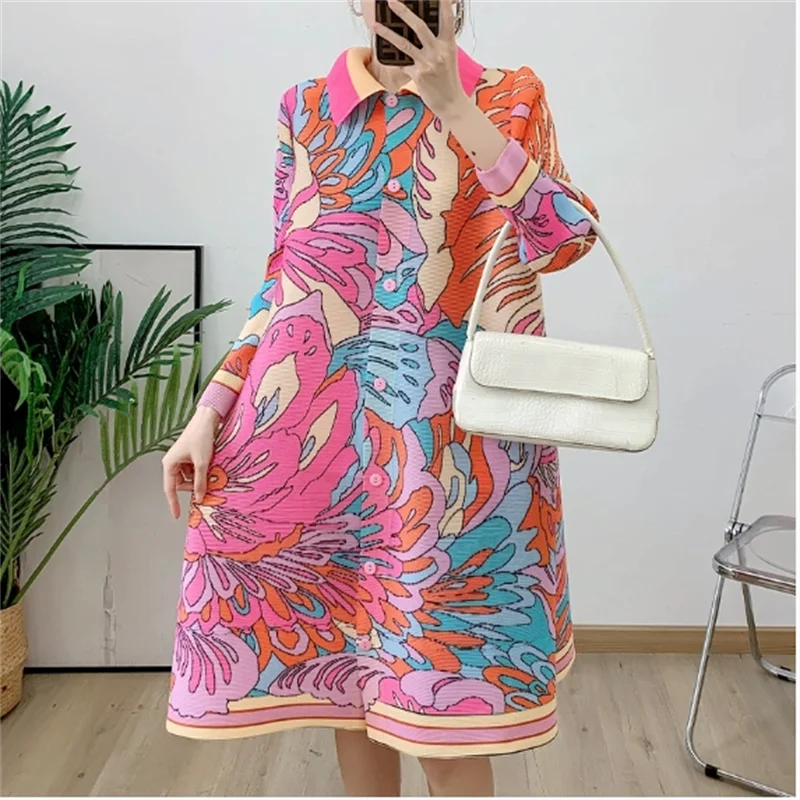 ミヤケプリーツドレープワンピース レディース 2024 春夏 カラーブロックプリント ラペル 七分袖 シングルブレスト ファッションシャツワンピース