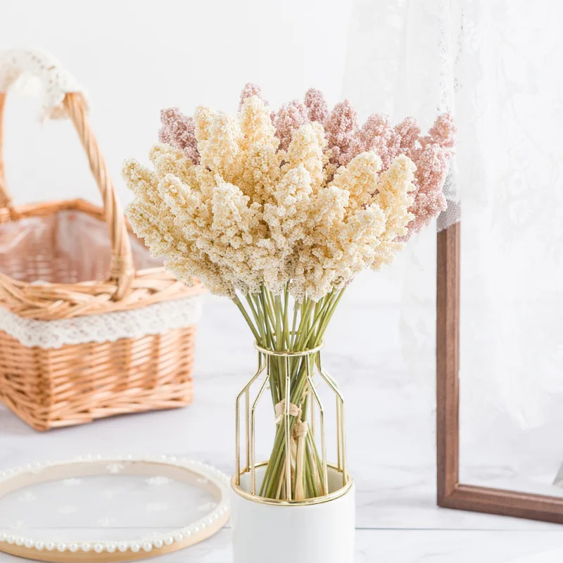 18 Heads Foam Vanilla Spike Artificial Flowers Bouquet Mini Fake Flower Bouquet for Home Wedding Back Road Decor Indoor Flore