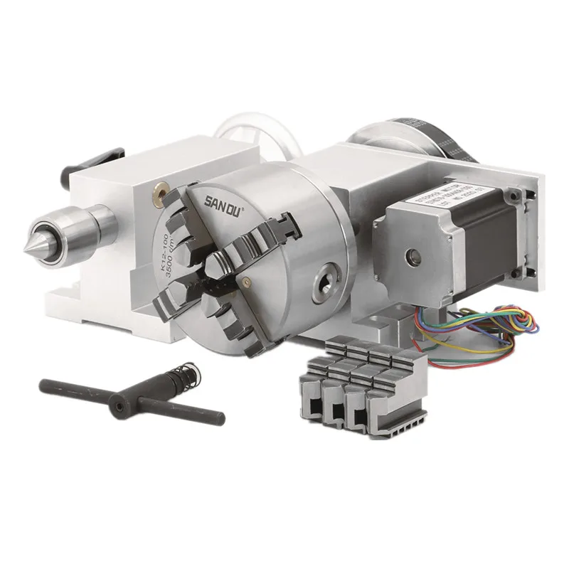 HLTNC CNC Rotary Axis 4 Jaw Chuck With Nema23 Nema34 Stepper Motor  And 65mm Center Height Activity Tailstock For Engraver